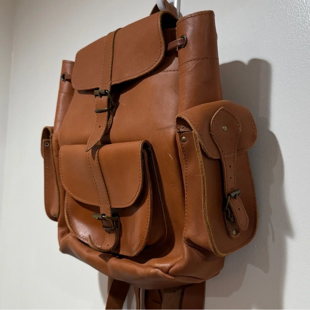 Handmade Greek Genuine Leather Backpack Travel Rucksack‎ Side Pockets Brown